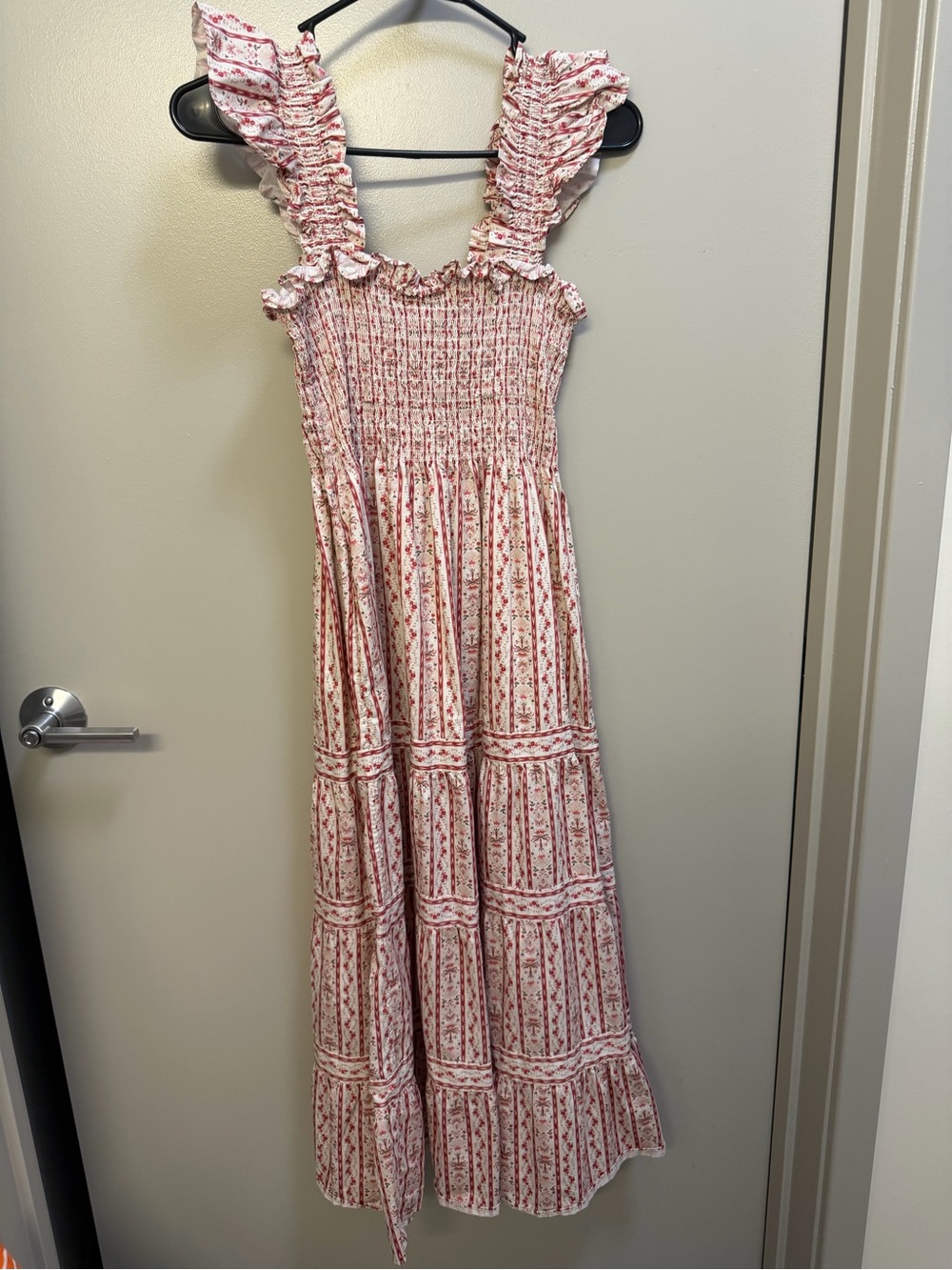 Hill House Pink Floral Ruffle-Shoulder Midi Dress